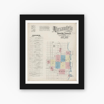 Old map wall art mockup — black gallery frame with white mat — Sanborn Fire Insurance Map from Alexandria, Independent Cities, Virginia (1885) - Complete Map Set