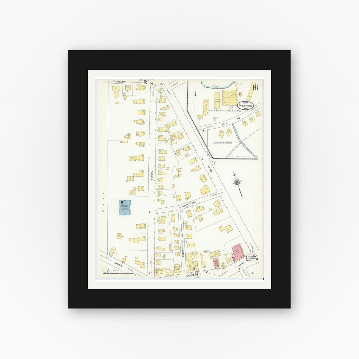 Old map wall art mockup — black gallery frame with white mat — Sanborn Fire Insurance Map from Milford, Worcester County, Massachusetts (1910), Sheet #0016