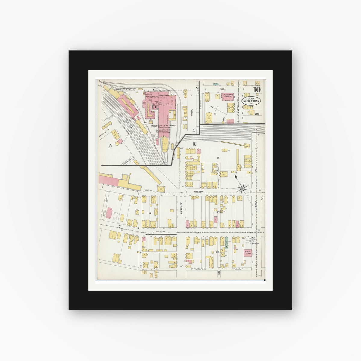 Old map wall art mockup — black gallery frame with white mat — Sanborn Fire Insurance Map from Middletown, Dauphin County, Pennsylvania (1902), Sheet #0010