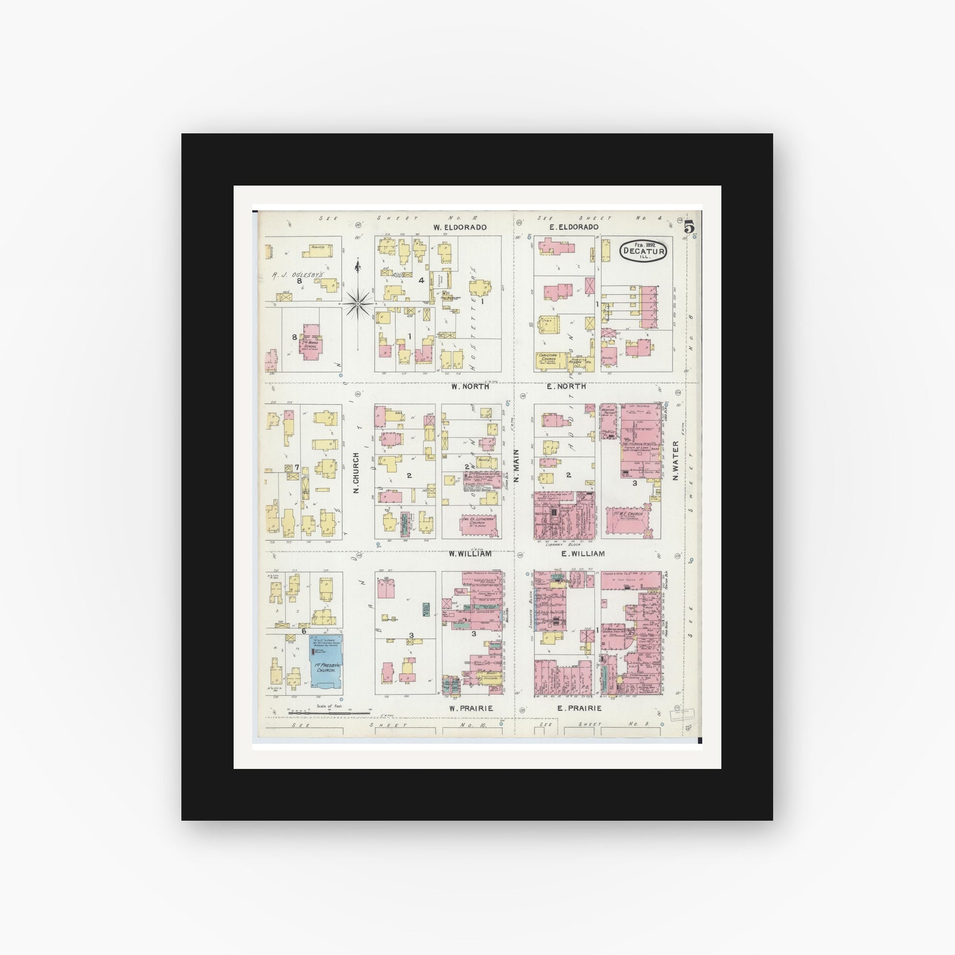 Old map wall art mockup — black gallery frame with white mat — Sanborn Fire Insurance Map from Decatur, Macon County, Illinois (1892), Sheet #0005