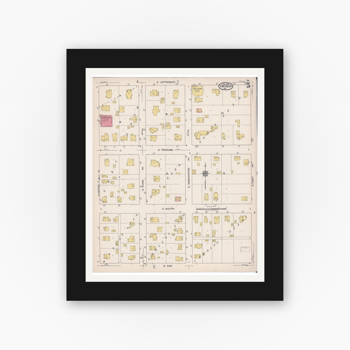 Old map wall art mockup — black gallery frame with white mat — Sanborn Fire Insurance Map from Viroqua, Vernon County, Wisconsin (1922), Sheet #0005