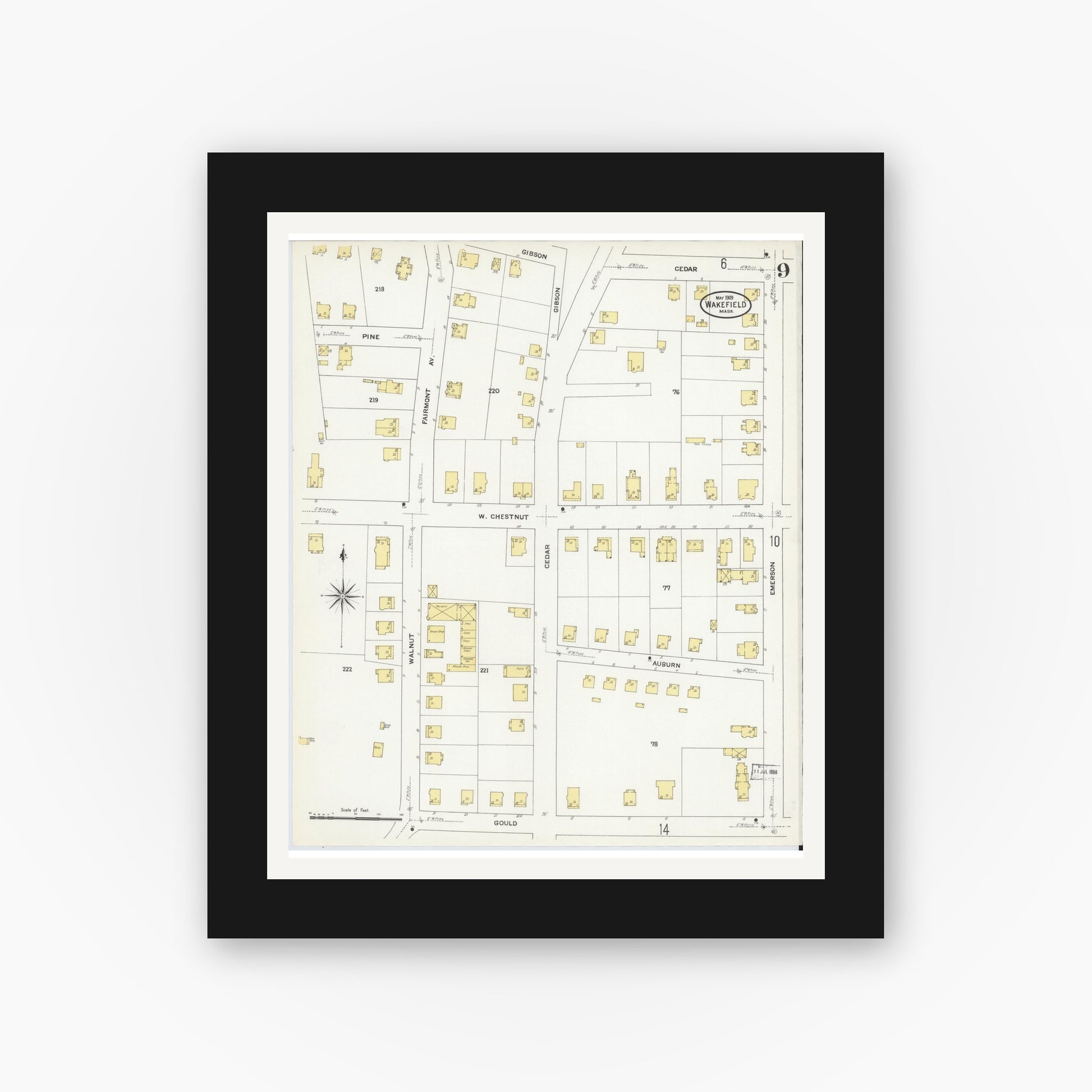 Old map wall art mockup — black gallery frame with white mat — Sanborn Fire Insurance Map from Wakefield, Middlesex County, Massachusetts (1909), Sheet #0009