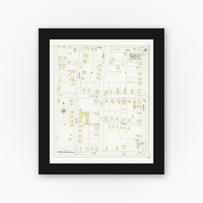 Old map wall art mockup — black gallery frame with white mat — Sanborn Fire Insurance Map from Wakefield, Middlesex County, Massachusetts (1909), Sheet #0009