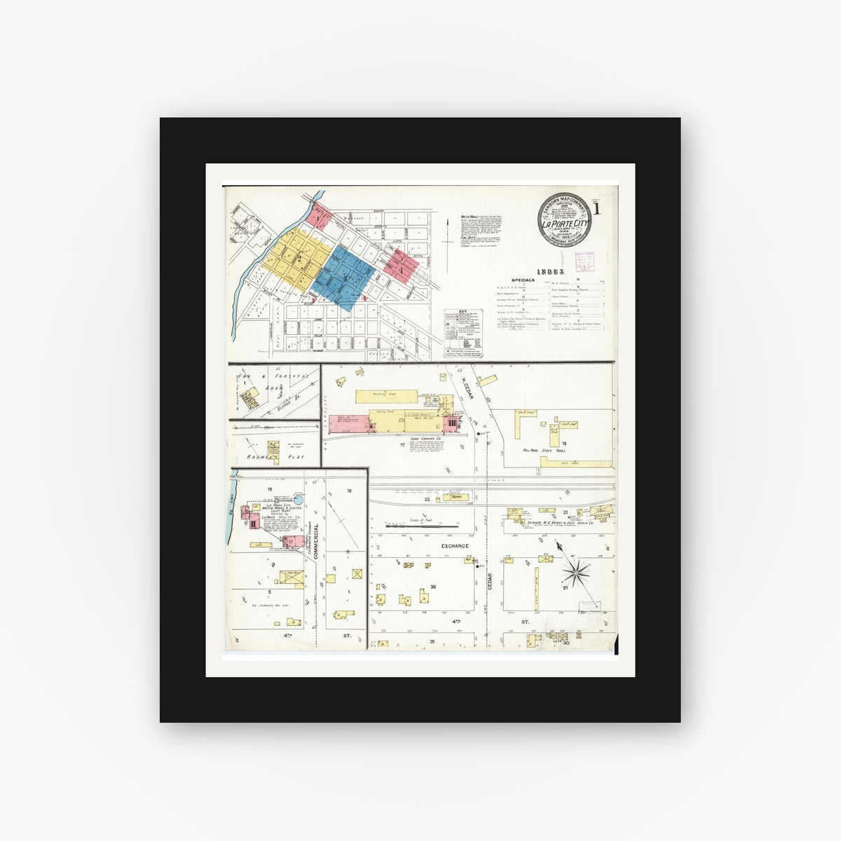 Old map wall art mockup — black gallery frame with white mat — Sanborn Fire Insurance Map from La Porte City, Black Hawk County, Iowa (1906), Sheet #0001