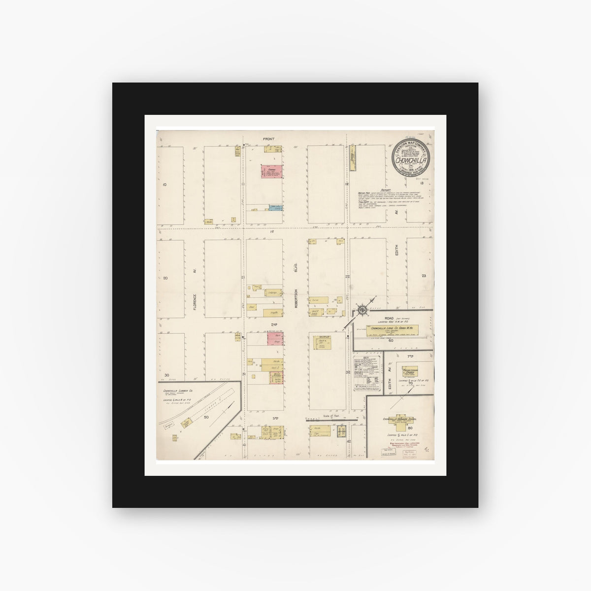 Old map wall art mockup — black gallery frame with white mat — Sanborn Fire Insurance Map from Chowchilla, Madera County, California (1914), Sheet #0001