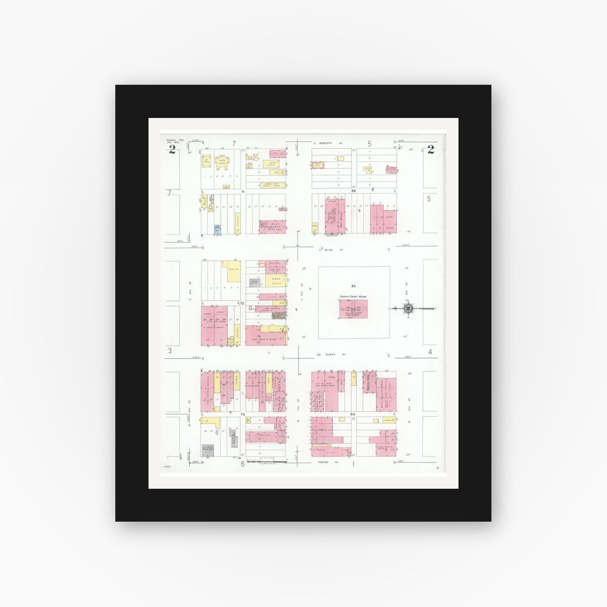 Old map wall art mockup — black gallery frame with white mat — Sanborn Fire Insurance Map from Dumas, Moore County, Texas (1950), Sheet #0002