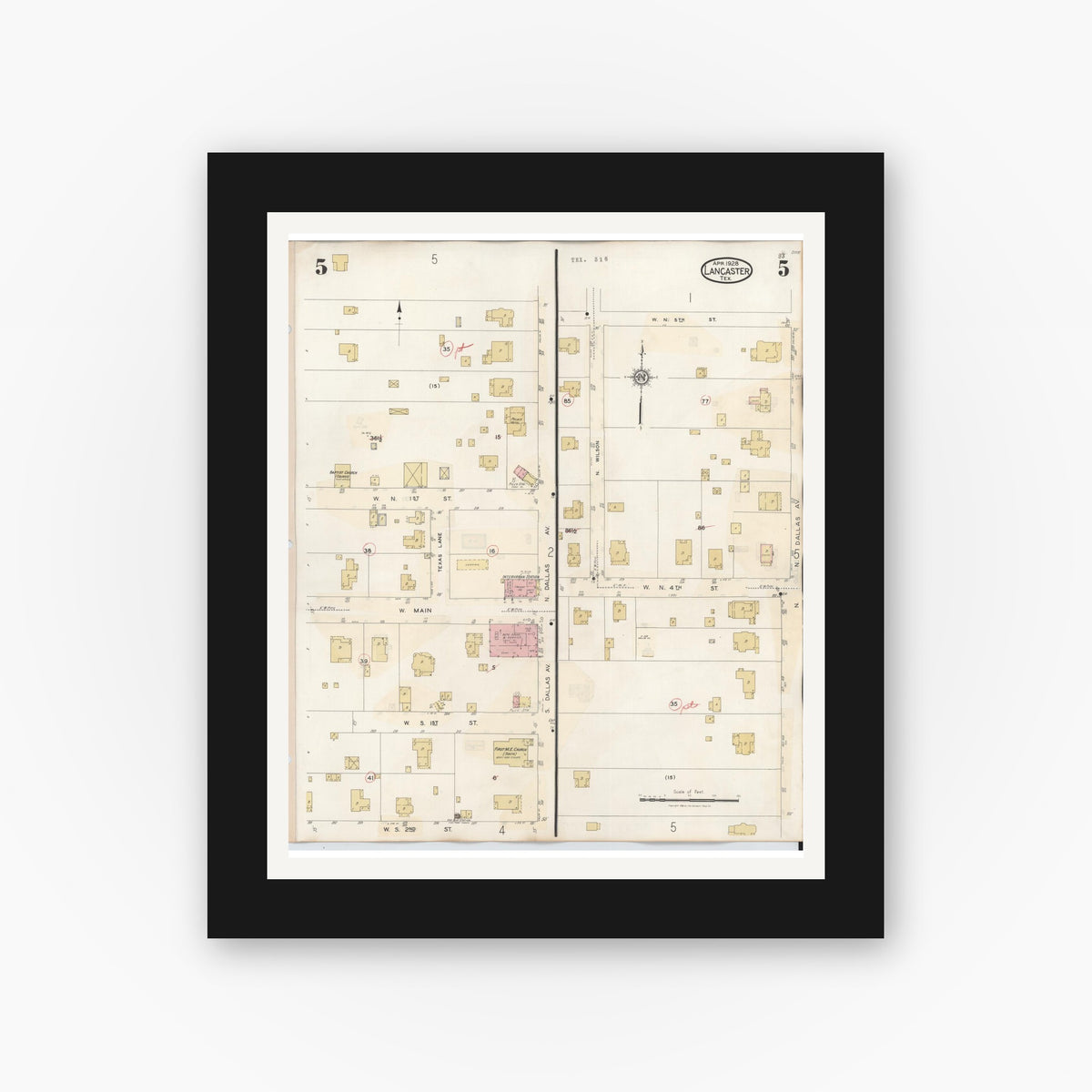 Old map wall art mockup — black gallery frame with white mat — Sanborn Fire Insurance Map from Lancaster, Dallas County, Texas (1939), Sheet #0005