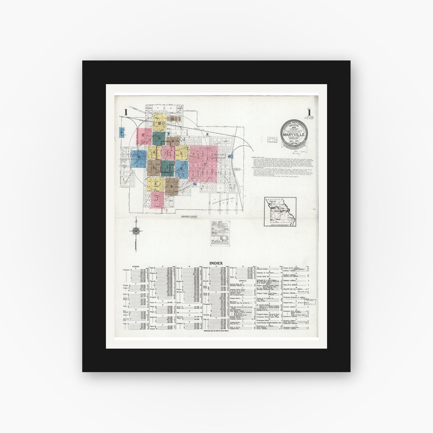 Old map wall art mockup — black gallery frame with white mat — Sanborn Fire Insurance Map from Maryville, Nodaway County, Missouri (1925) - Complete Map Set