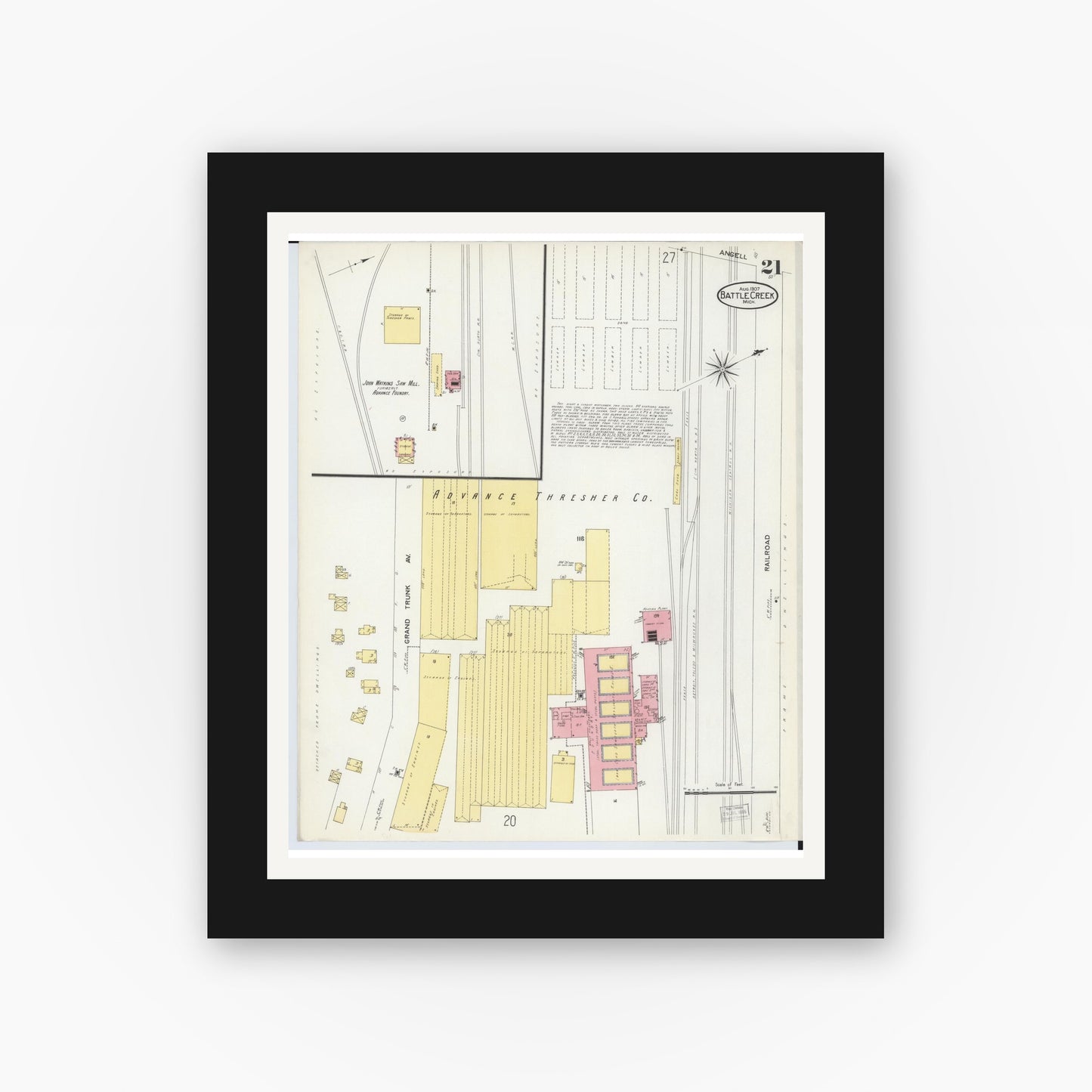 Old map wall art mockup — black gallery frame with white mat — Sanborn Fire Insurance Map from Battle Creek, Calhoun County, Michigan (1907), Sheet #0021