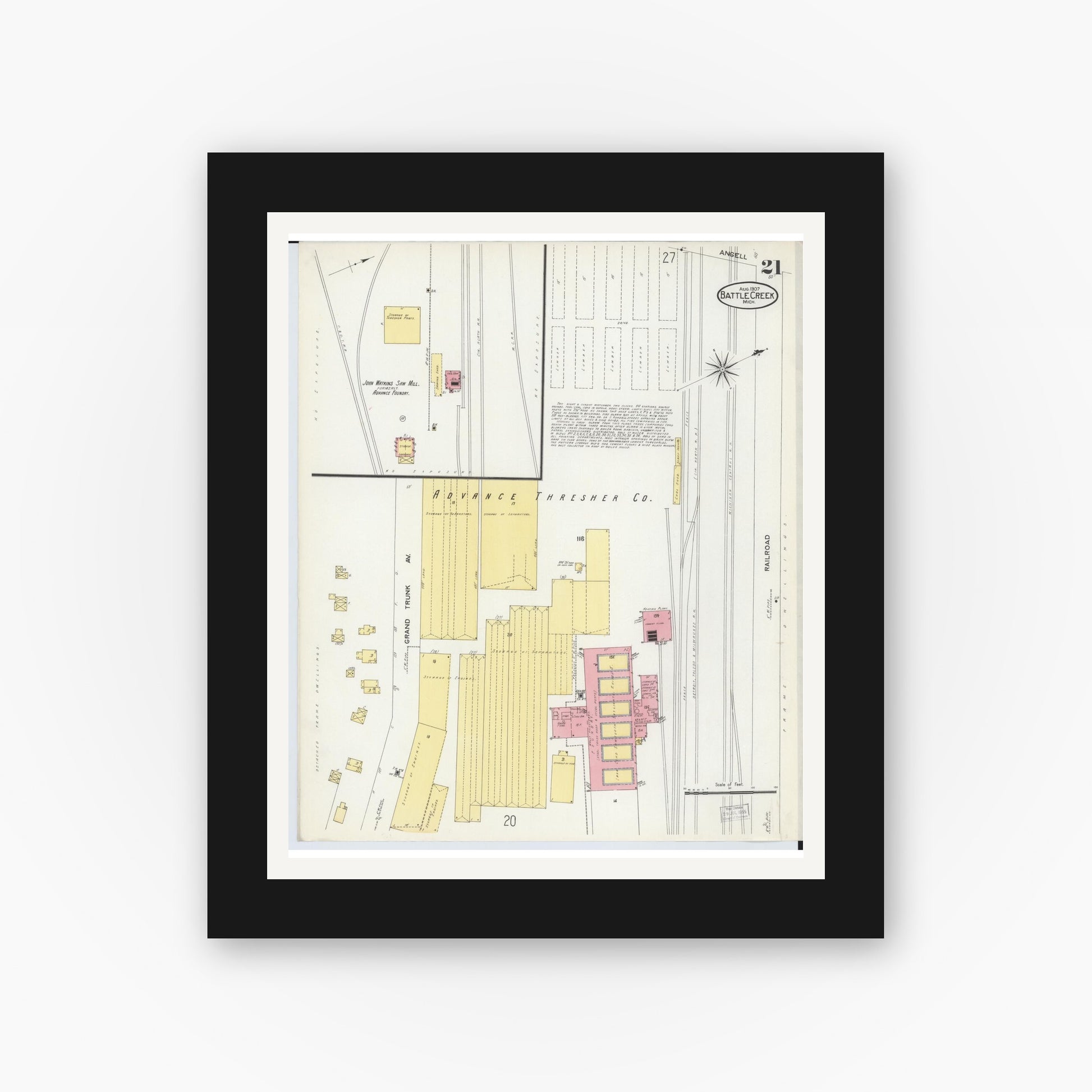 Old map wall art mockup — black gallery frame with white mat — Sanborn Fire Insurance Map from Battle Creek, Calhoun County, Michigan (1907), Sheet #0021
