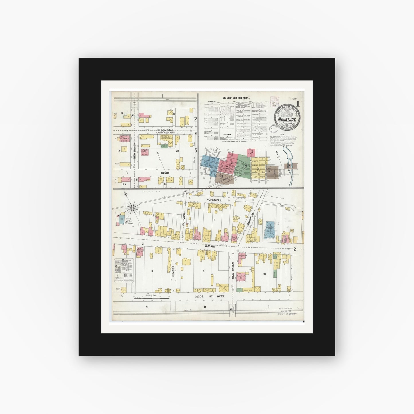 Old map wall art mockup — black gallery frame with white mat — Sanborn Fire Insurance Map from Mount Joy, Lancaster County, Pennsylvania (1902), Sheet #0001