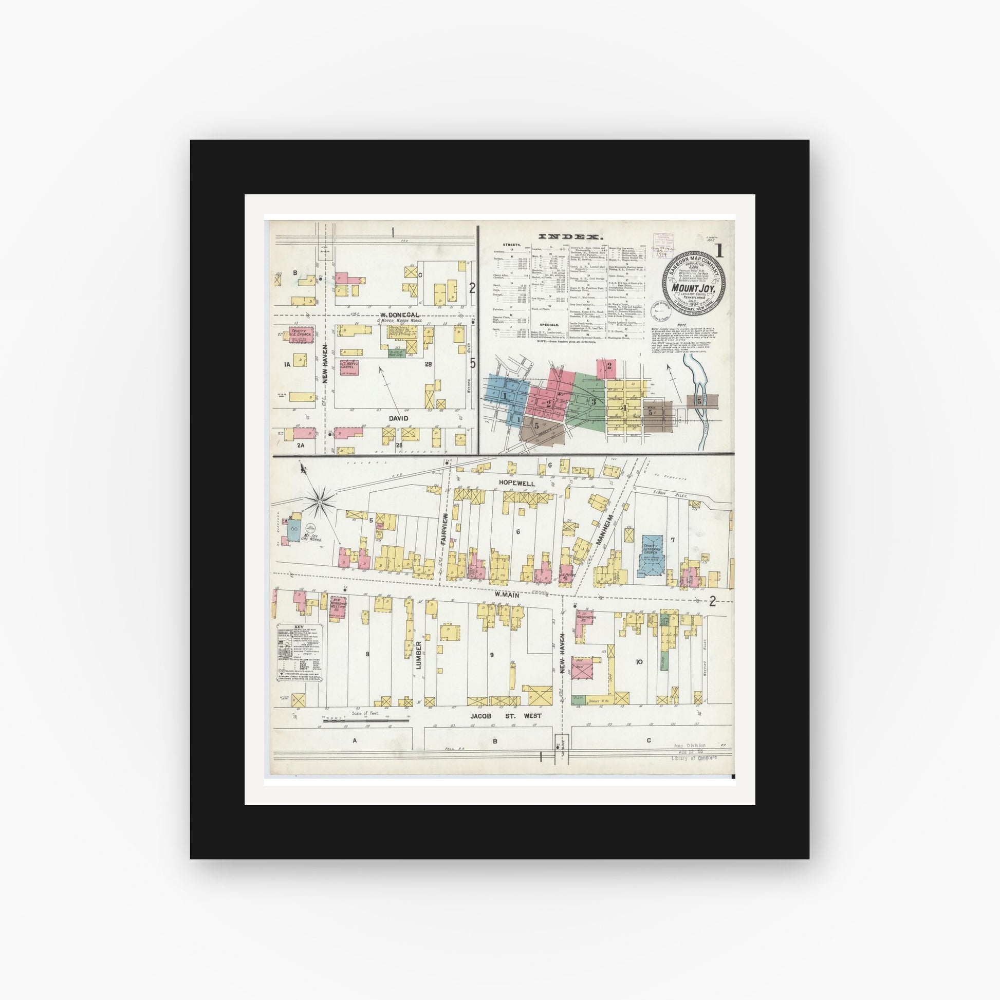 Old map wall art mockup — black gallery frame with white mat — Sanborn Fire Insurance Map from Mount Joy, Lancaster County, Pennsylvania (1902), Sheet #0001