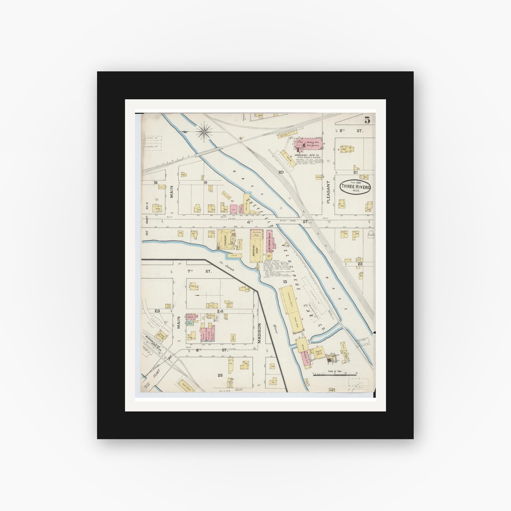 Old map wall art mockup — black gallery frame with white mat — Sanborn Fire Insurance Map from Three Rivers, Saint Joseph County, Michigan (1888), Sheet #0005