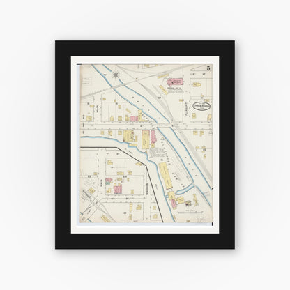 Old map wall art mockup — black gallery frame with white mat — Sanborn Fire Insurance Map from Three Rivers, Saint Joseph County, Michigan (1888), Sheet #0005