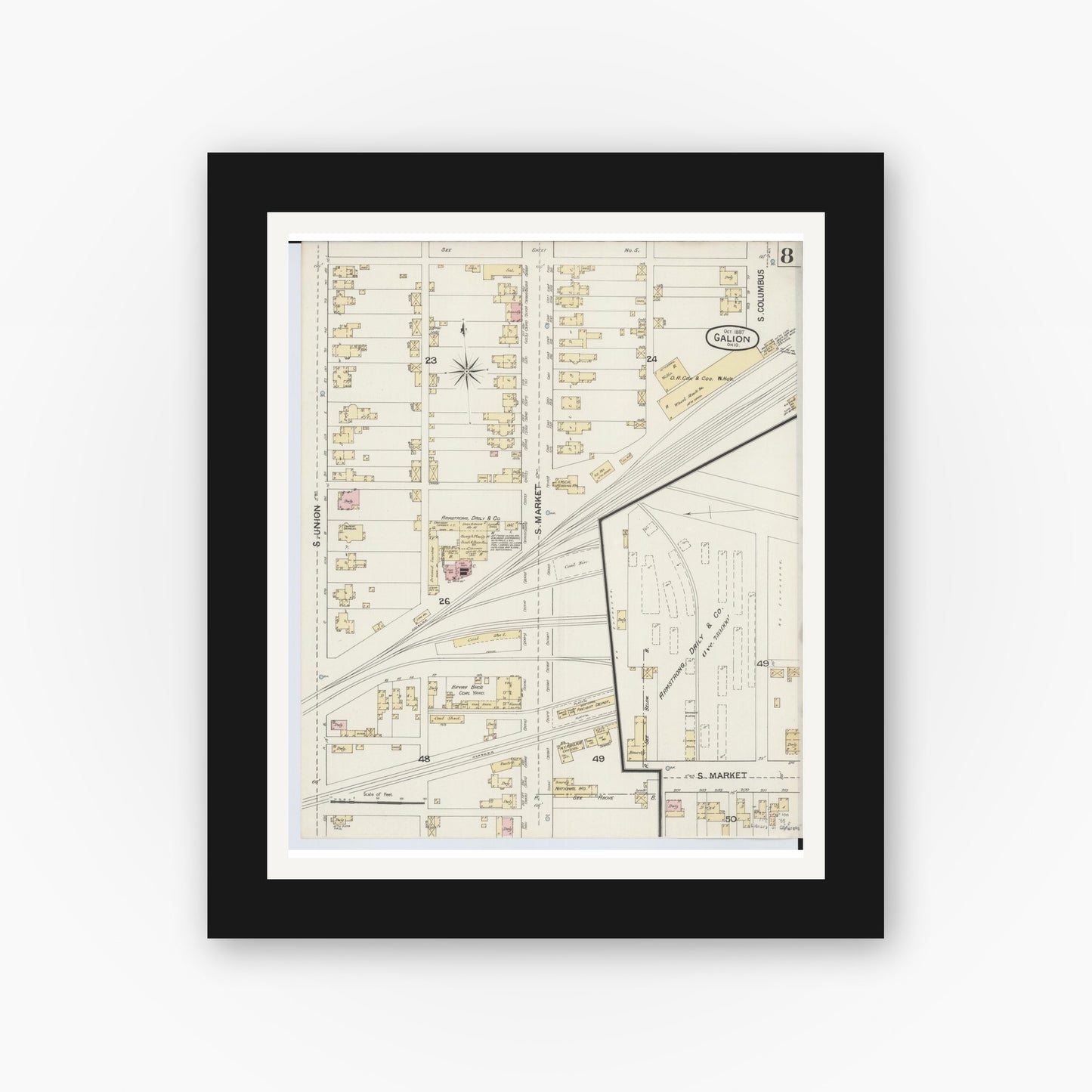 Old map wall art mockup — black gallery frame with white mat — Sanborn Fire Insurance Map from Galion, Crawford County, Ohio (1887), Sheet #0008
