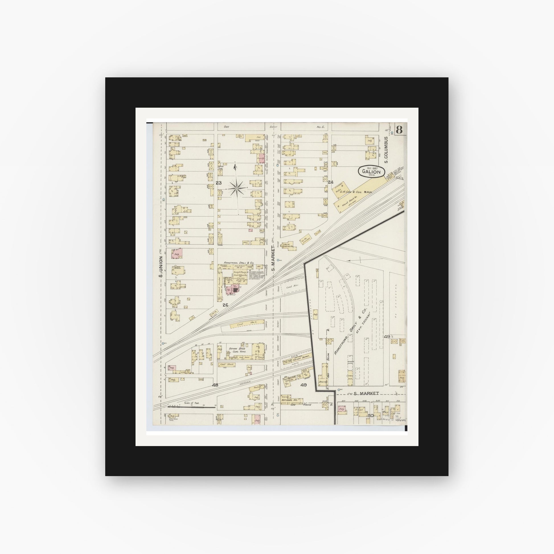 Old map wall art mockup — black gallery frame with white mat — Sanborn Fire Insurance Map from Galion, Crawford County, Ohio (1887), Sheet #0008