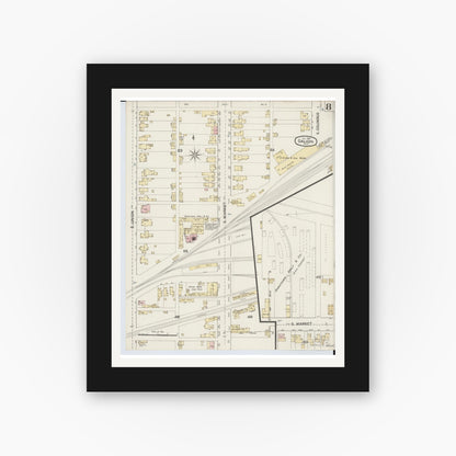 Old map wall art mockup — black gallery frame with white mat — Sanborn Fire Insurance Map from Galion, Crawford County, Ohio (1887), Sheet #0008