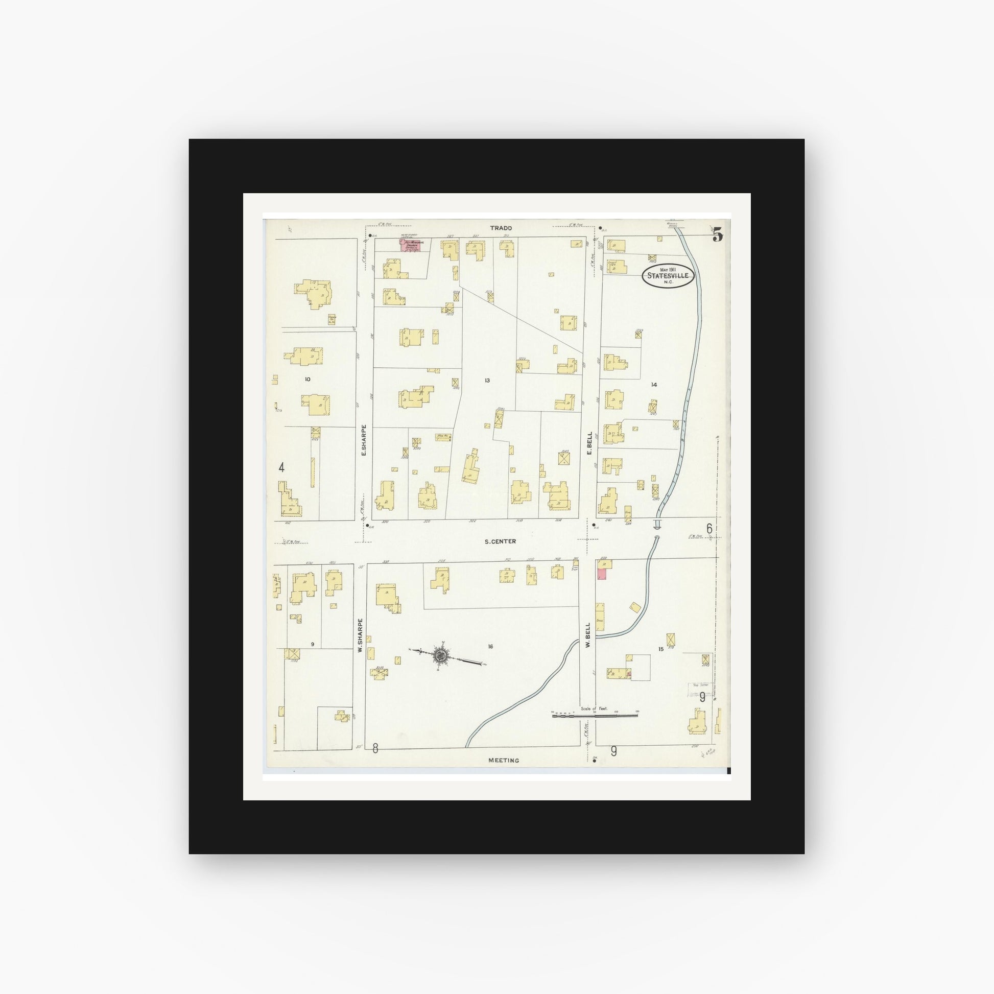 Old map wall art mockup — black gallery frame with white mat — Sanborn Fire Insurance Map from Statesville, Iredell County, North Carolina (1911), Sheet #0005