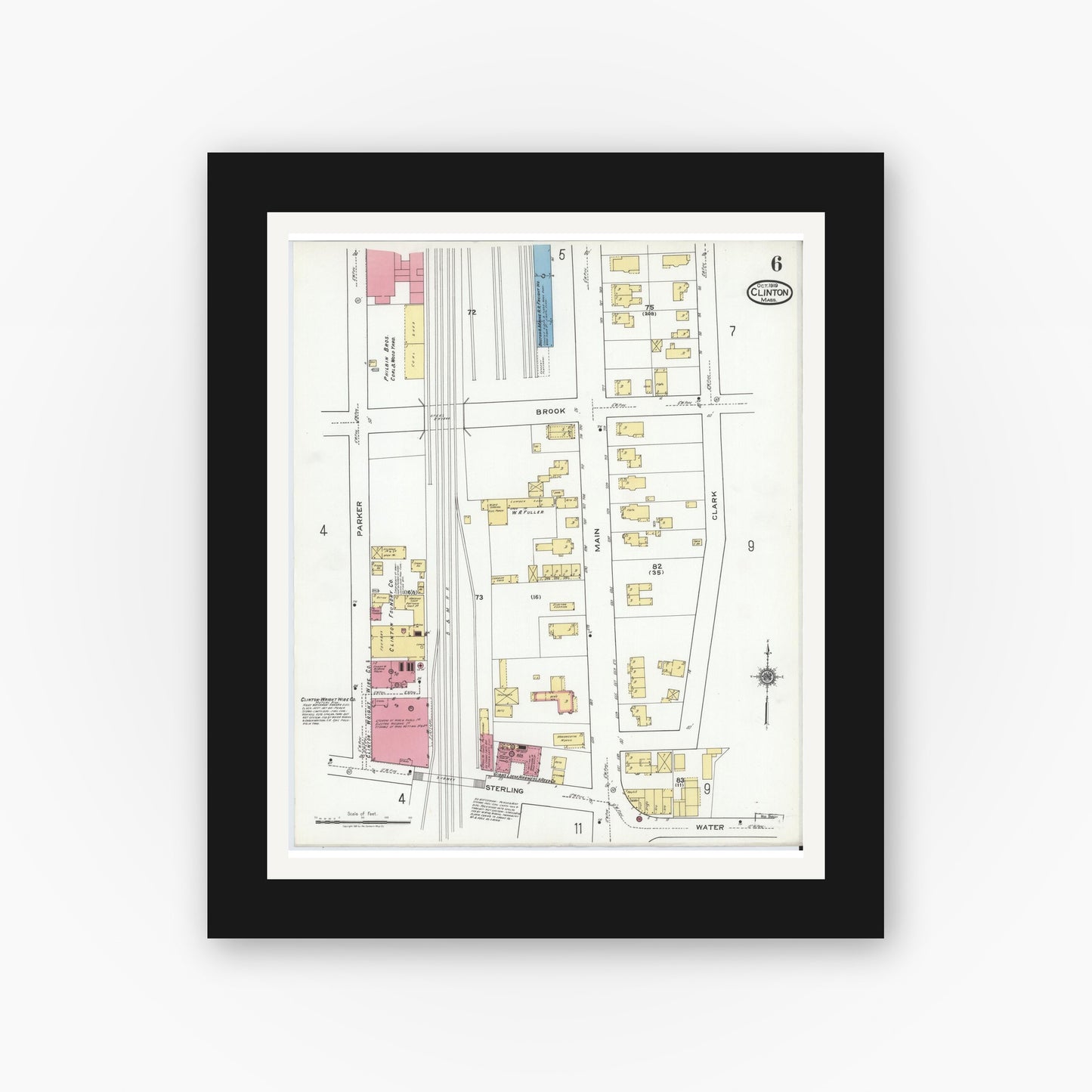 Old map wall art mockup — black gallery frame with white mat — Sanborn Fire Insurance Map from Clinton, Worcester County, Massachusetts (1919), Sheet #0006