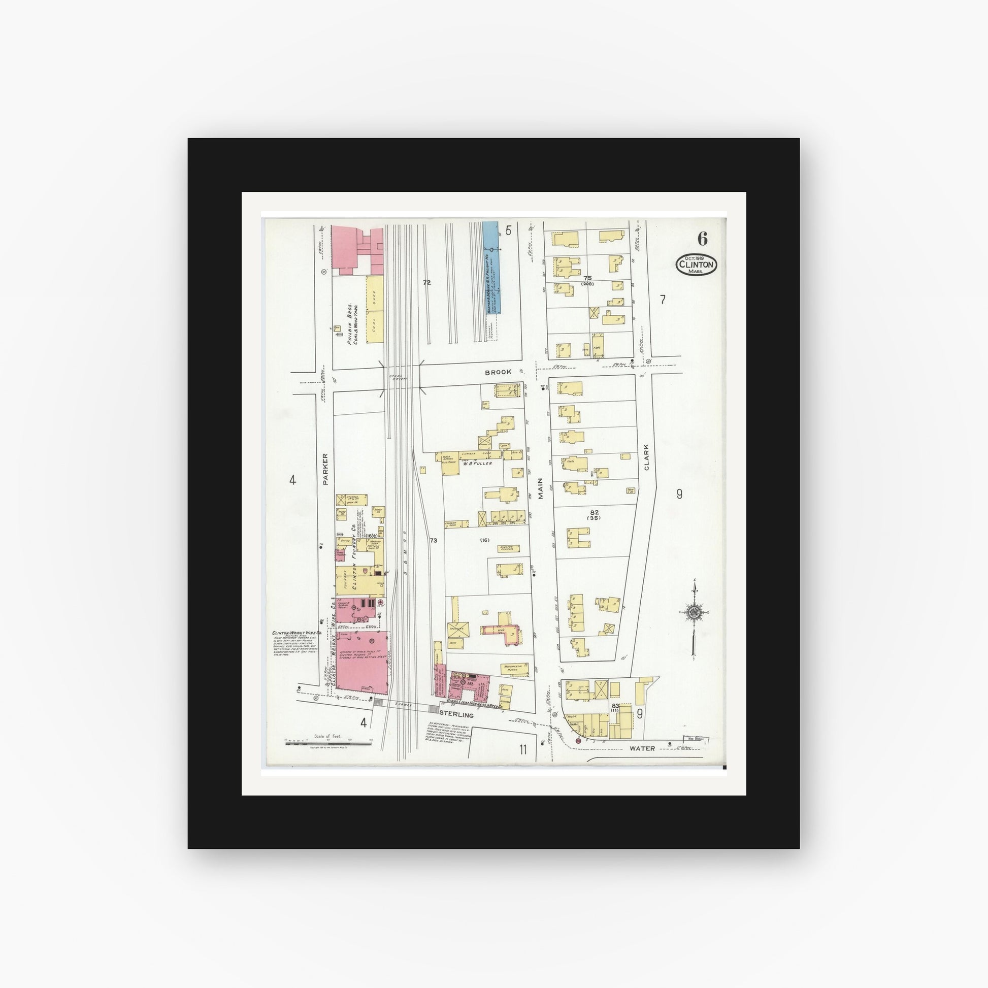 Old map wall art mockup — black gallery frame with white mat — Sanborn Fire Insurance Map from Clinton, Worcester County, Massachusetts (1919), Sheet #0006