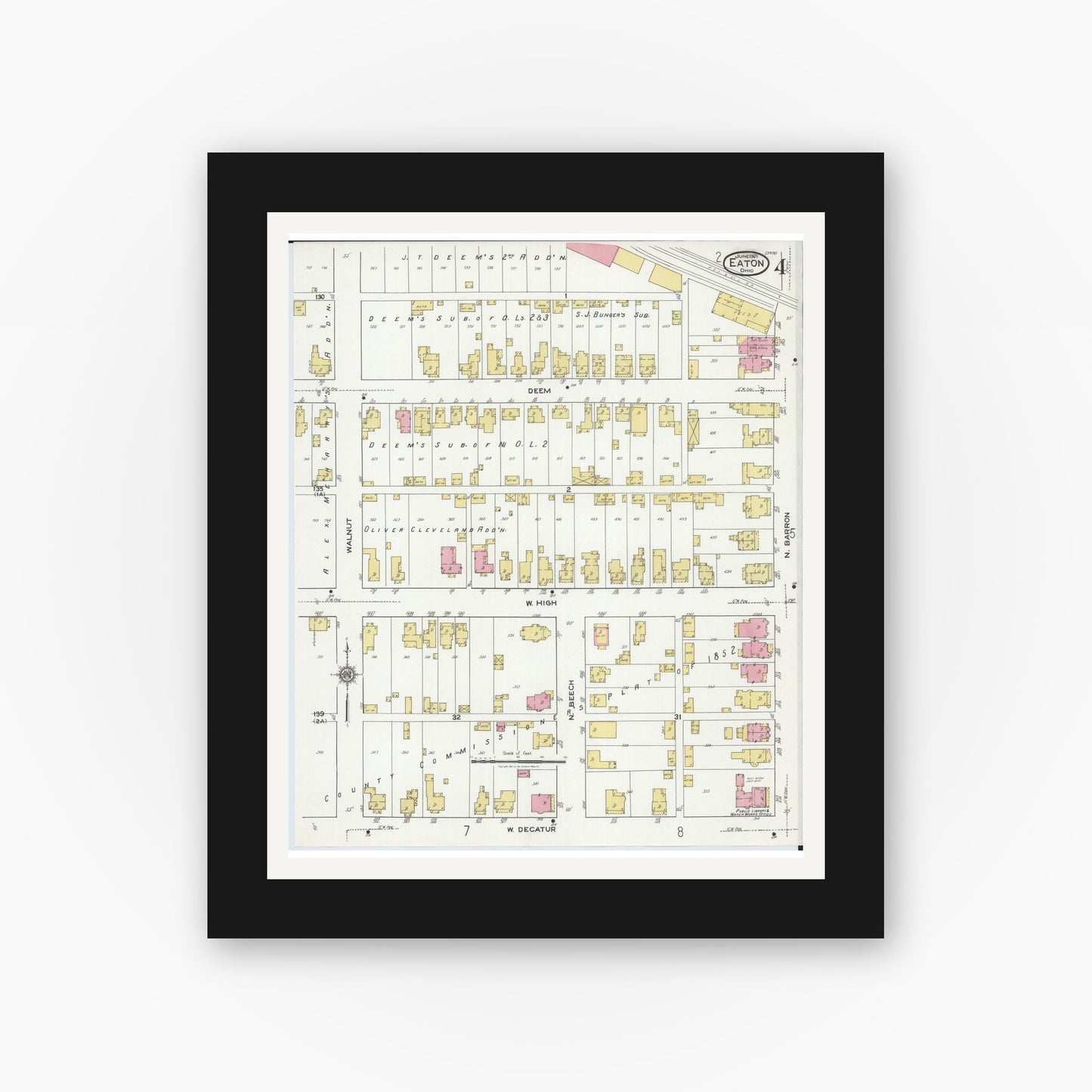 Old map wall art mockup — black gallery frame with white mat — Sanborn Fire Insurance Map from Eaton, Preble County, Ohio (1921), Sheet #0004