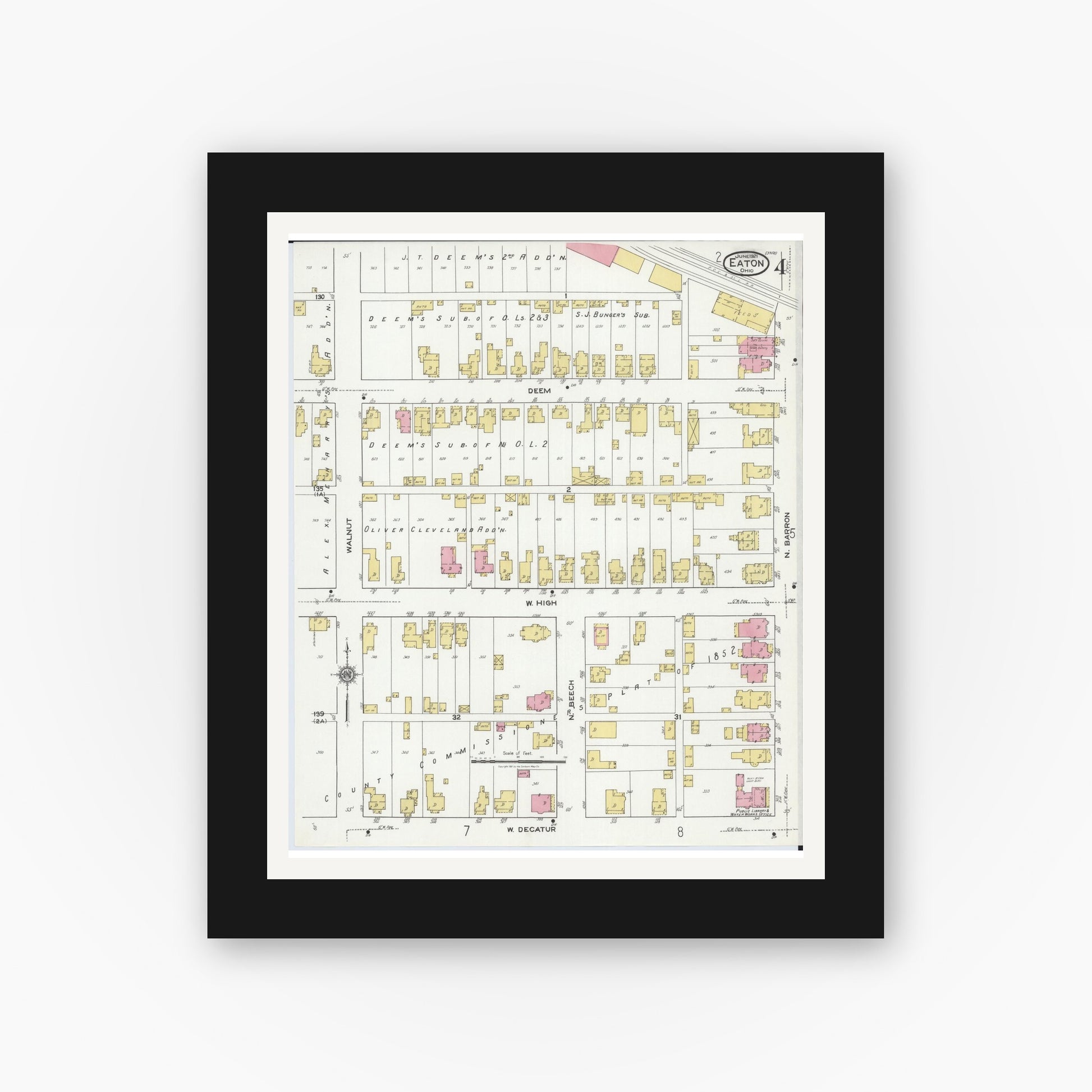 Old map wall art mockup — black gallery frame with white mat — Sanborn Fire Insurance Map from Eaton, Preble County, Ohio (1921), Sheet #0004
