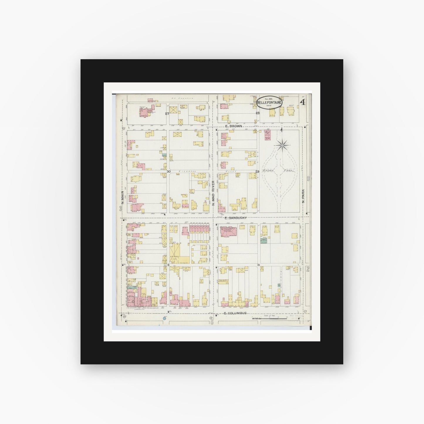 Old map wall art mockup — black gallery frame with white mat — Sanborn Fire Insurance Map from Bellefontaine, Logan County, Ohio (1892), Sheet #0004
