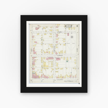Old map wall art mockup — black gallery frame with white mat — Sanborn Fire Insurance Map from Bellefontaine, Logan County, Ohio (1892), Sheet #0004
