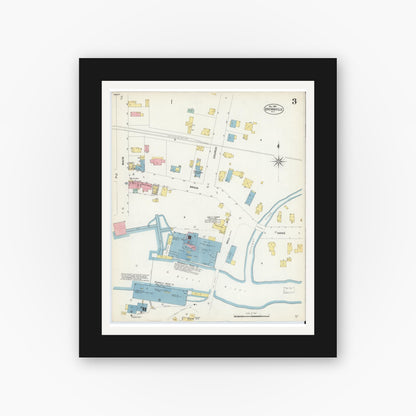 Old map wall art mockup — black gallery frame with white mat — Sanborn Fire Insurance Map from Brownville, Jefferson County, New York (1907), Sheet #0003