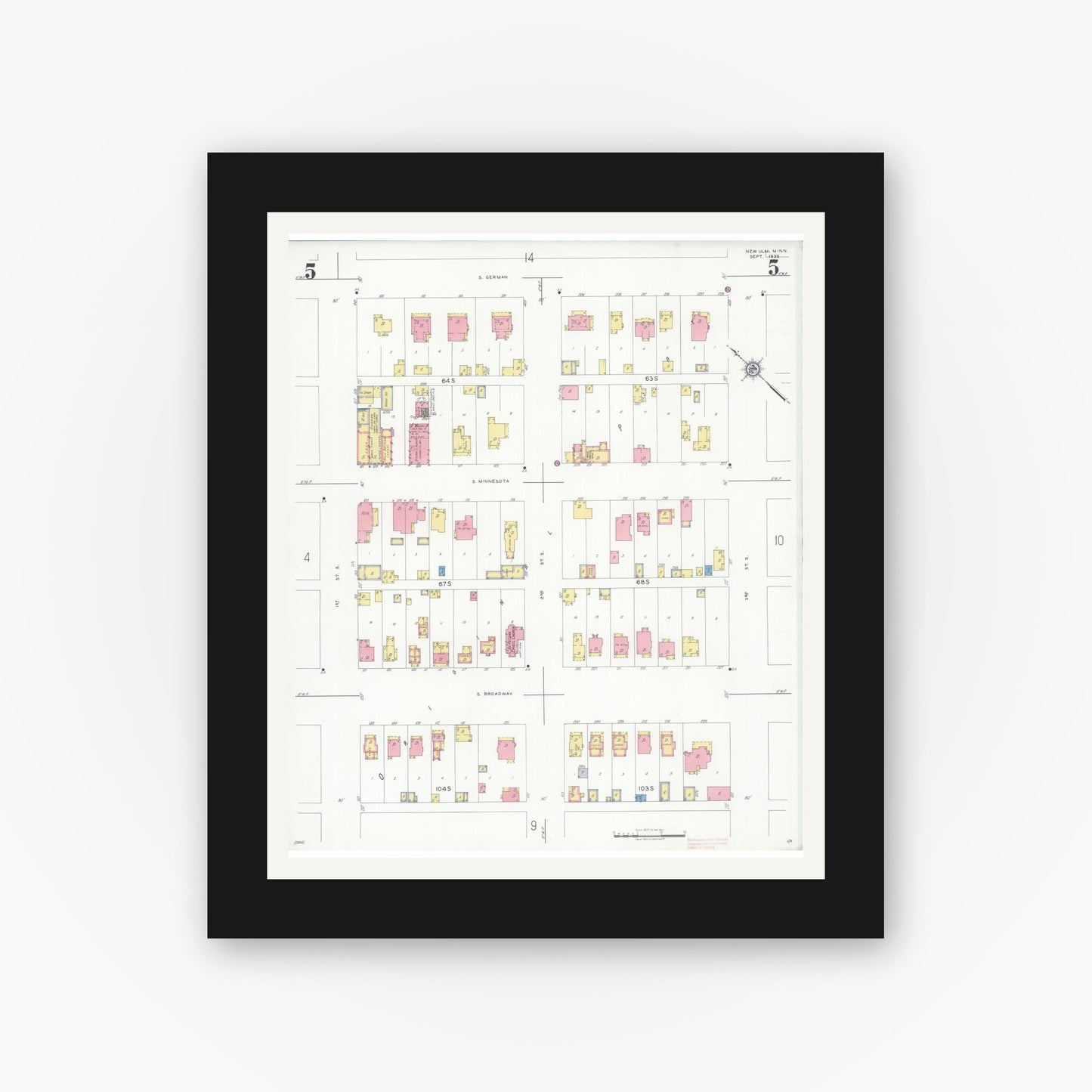 Old map wall art mockup — black gallery frame with white mat — Sanborn Fire Insurance Map from New Ulm, Brown County, Minnesota (1935), Sheet #0005