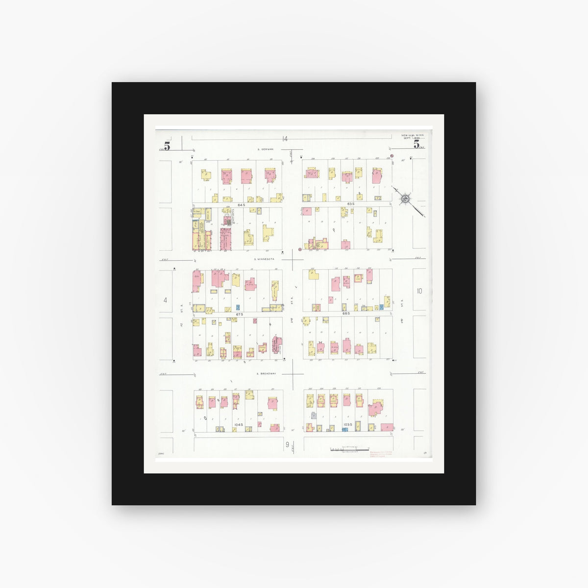 Old map wall art mockup — black gallery frame with white mat — Sanborn Fire Insurance Map from New Ulm, Brown County, Minnesota (1935), Sheet #0005