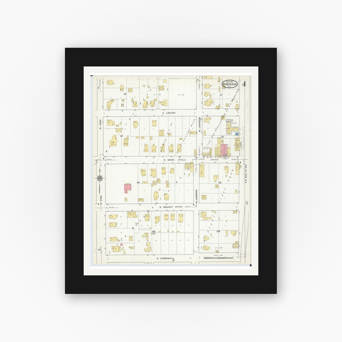 Old map wall art mockup — black gallery frame with white mat — Sanborn Fire Insurance Map from Robinson, Crawford County, Illinois (1916), Sheet #0004