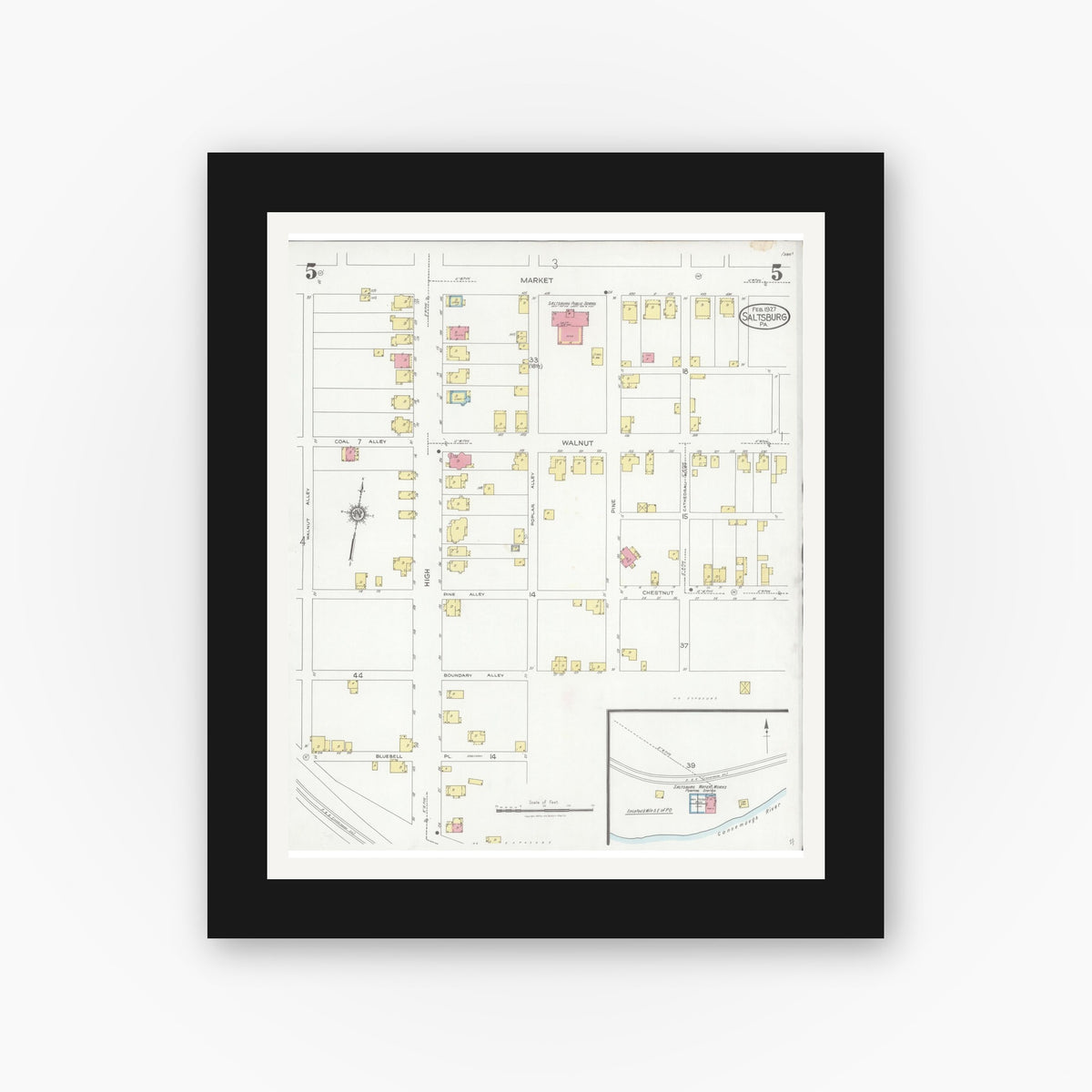 Old map wall art mockup — black gallery frame with white mat — Sanborn Fire Insurance Map from Saltsburg, Indiana County, Pennsylvania (1927), Sheet #0005
