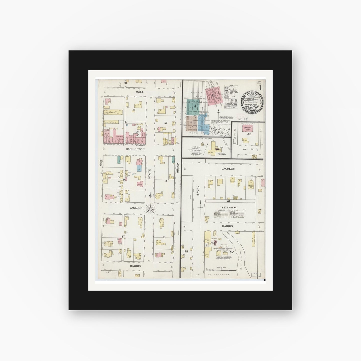 Old map wall art mockup — black gallery frame with white mat — Sanborn Fire Insurance Map from Sullivan, Sullivan County, Indiana (1892), Sheet #0001