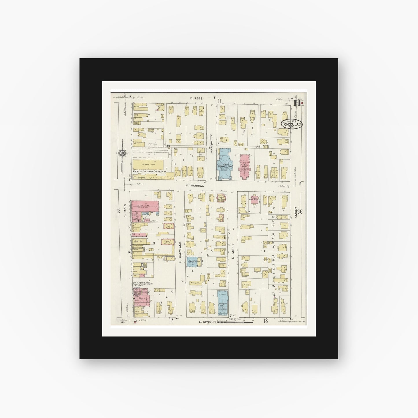 Old map wall art mockup — black gallery frame with white mat — Sanborn Fire Insurance Map from Fond du Lac, Fond du Lac County, Wisconsin (1915), Sheet #0014