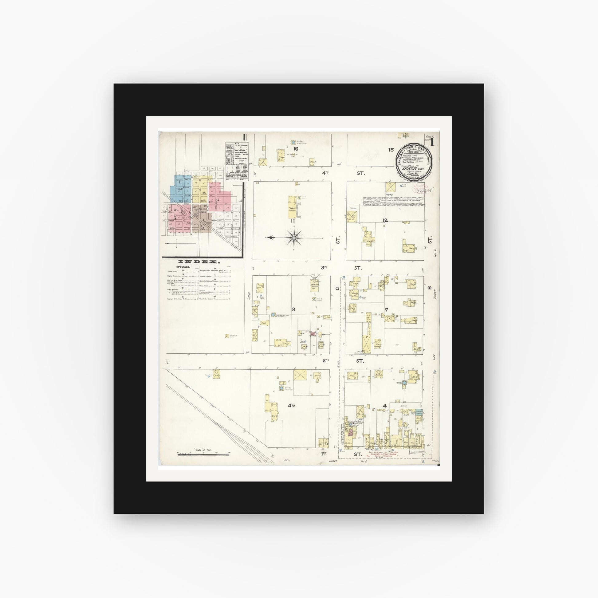 Old map wall art mockup — black gallery frame with white mat — Sanborn Fire Insurance Map from Dixon, Solano County, California (1891) - Complete Map Set