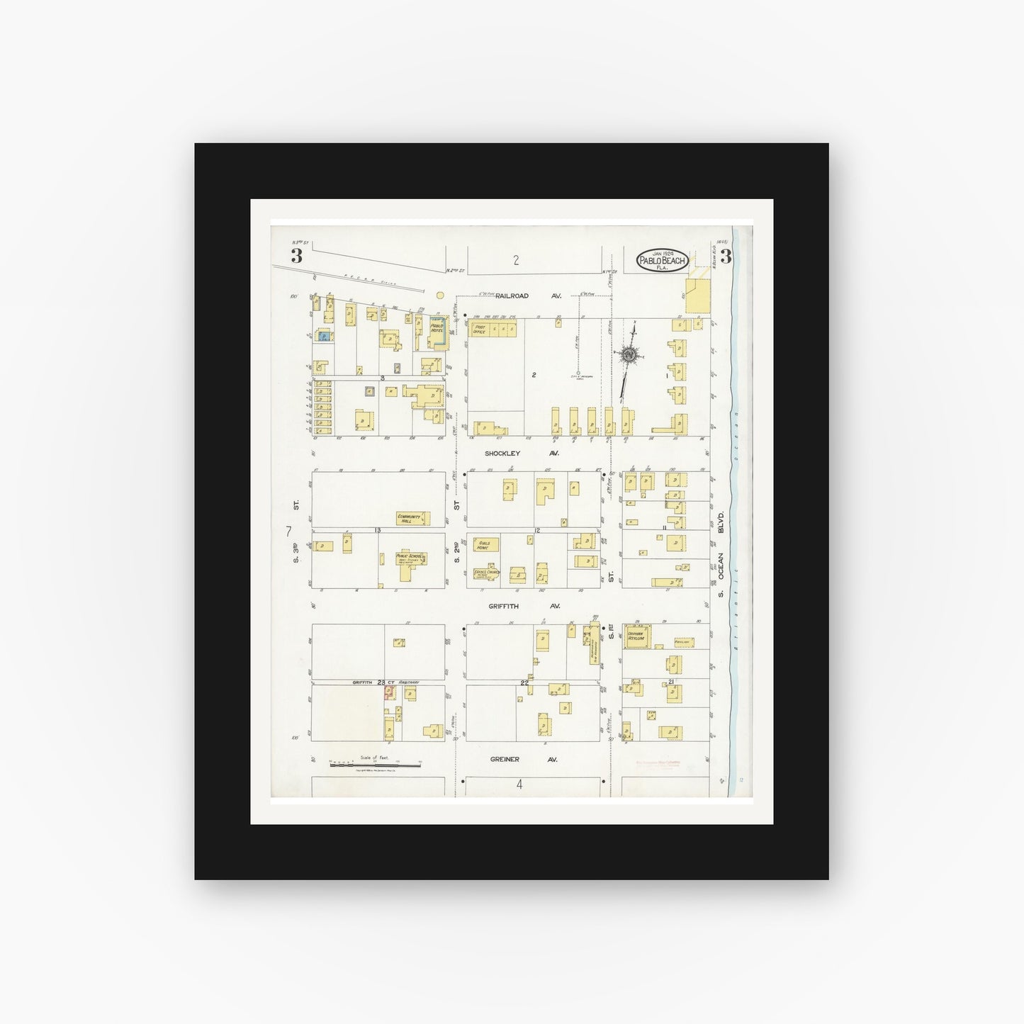Old map wall art mockup — black gallery frame with white mat — Sanborn Fire Insurance Map from Pablo Beach, Duval County, Florida (1924), Sheet #0003
