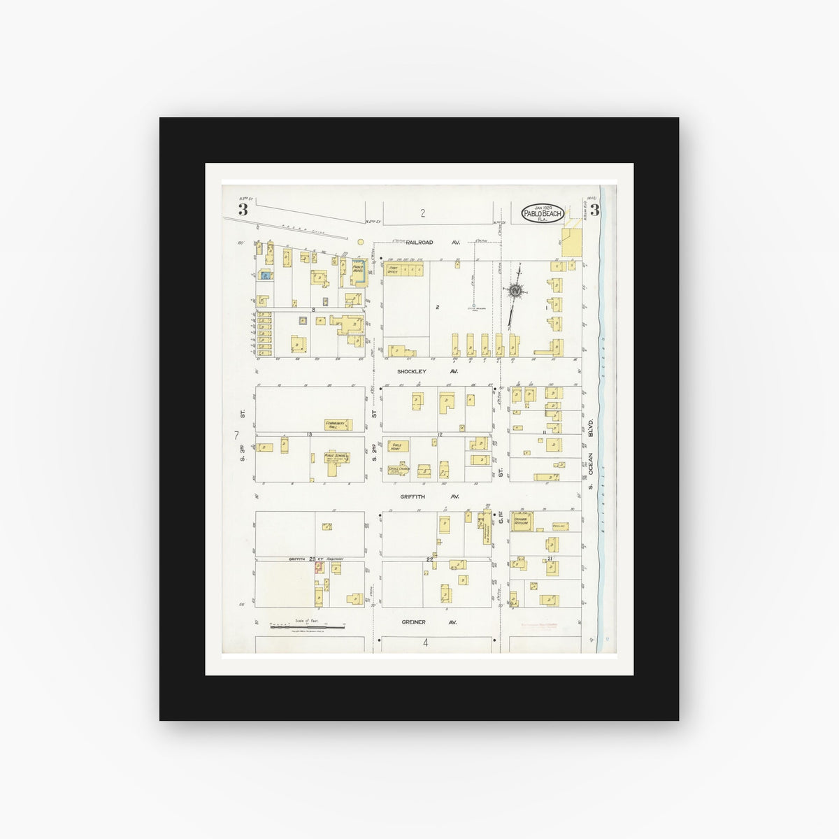 Old map wall art mockup — black gallery frame with white mat — Sanborn Fire Insurance Map from Pablo Beach, Duval County, Florida (1924), Sheet #0003