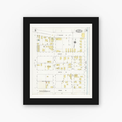 Old map wall art mockup — black gallery frame with white mat — Sanborn Fire Insurance Map from Pablo Beach, Duval County, Florida (1924), Sheet #0003