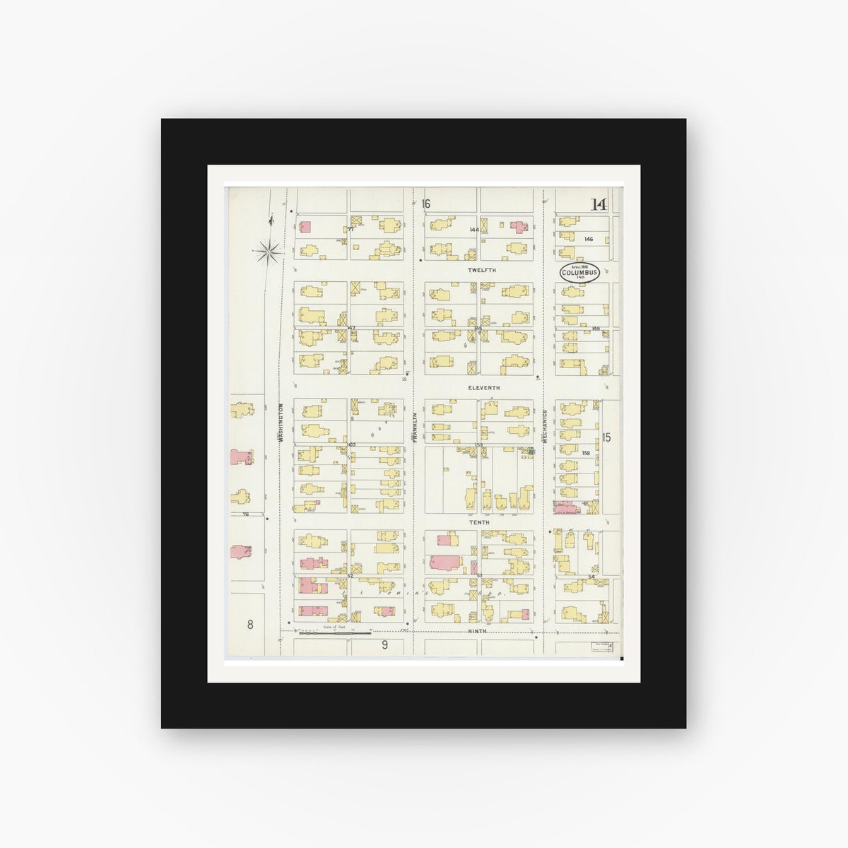 Old map wall art mockup — black gallery frame with white mat — Sanborn Fire Insurance Map from Columbus, Bartholomew County, Indiana (1898), Sheet #0014