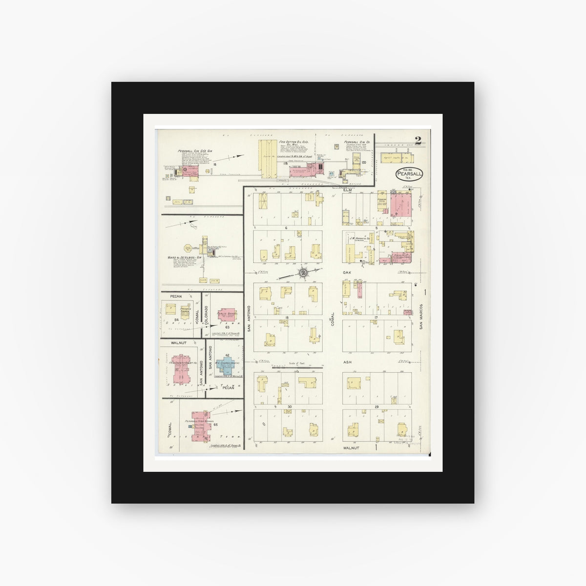 Old map wall art mockup — black gallery frame with white mat — Sanborn Fire Insurance Map from Pearsall, Frio County, Texas (1912), Sheet #0002