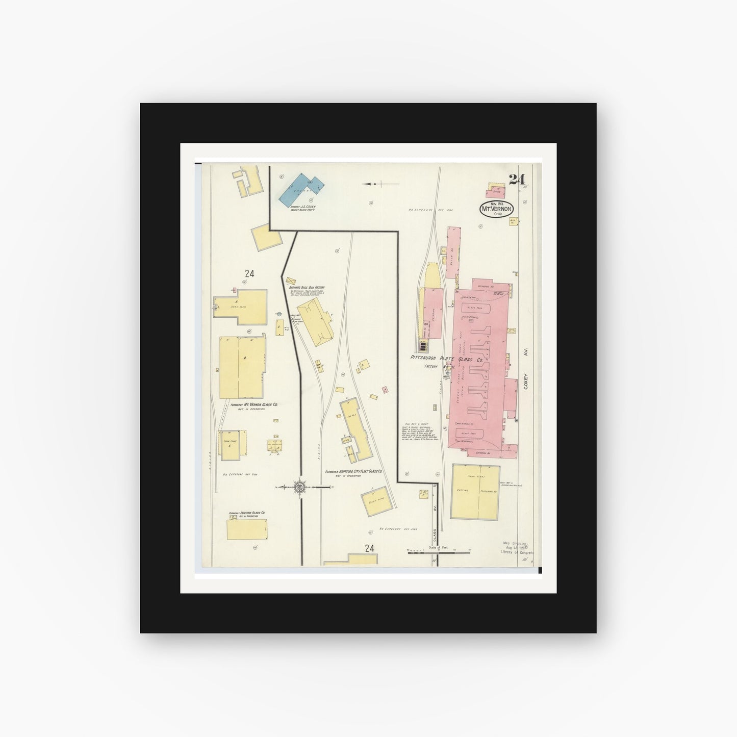 Old map wall art mockup — black gallery frame with white mat — Sanborn Fire Insurance Map from Mount Vernon, Knox County, Ohio (1913), Sheet #0024