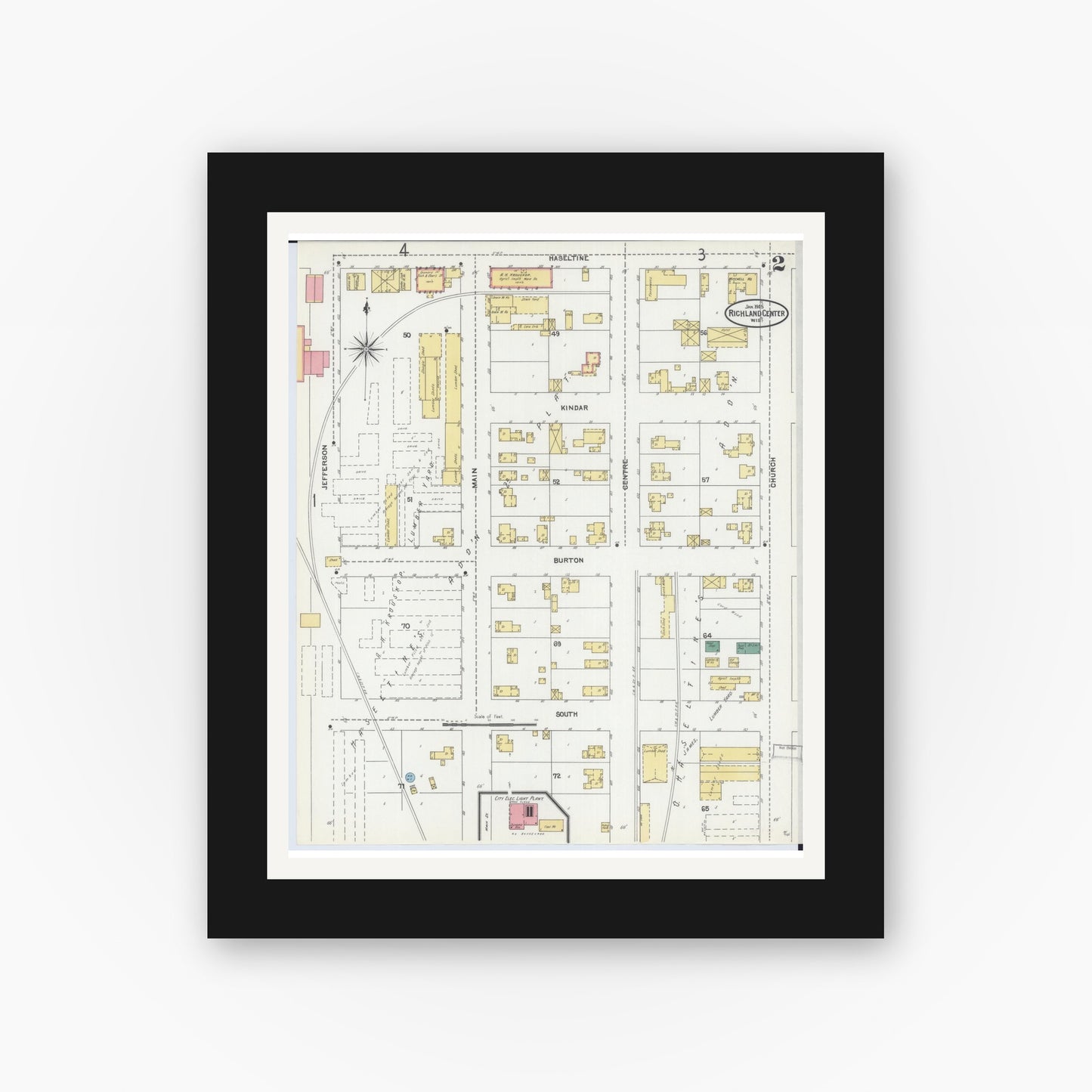 Old map wall art mockup — black gallery frame with white mat — Sanborn Fire Insurance Map from Richland Center, Richland County, Wisconsin (1905), Sheet #0002