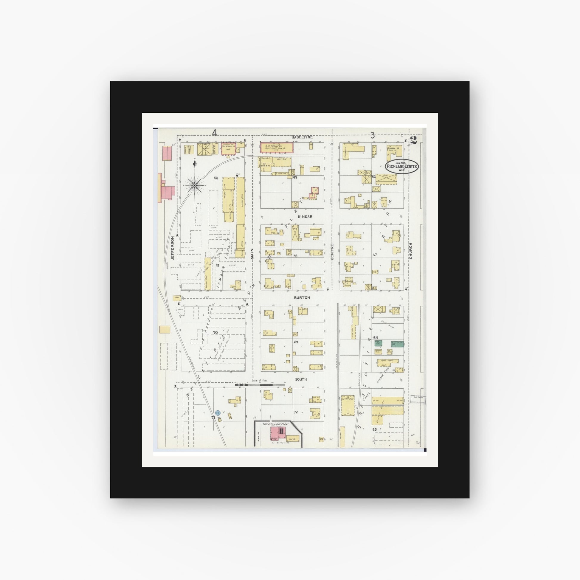 Old map wall art mockup — black gallery frame with white mat — Sanborn Fire Insurance Map from Richland Center, Richland County, Wisconsin (1905), Sheet #0002