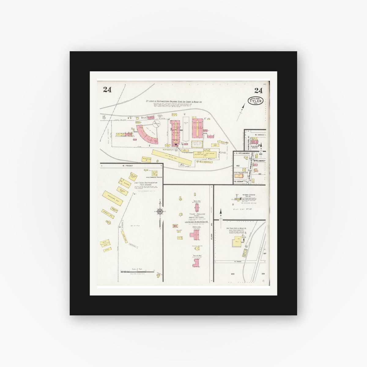 Old map wall art mockup — black gallery frame with white mat — Sanborn Fire Insurance Map from Tyler, Smith County, Texas (1928), Sheet #0024