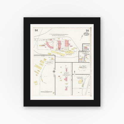 Old map wall art mockup — black gallery frame with white mat — Sanborn Fire Insurance Map from Tyler, Smith County, Texas (1928), Sheet #0024