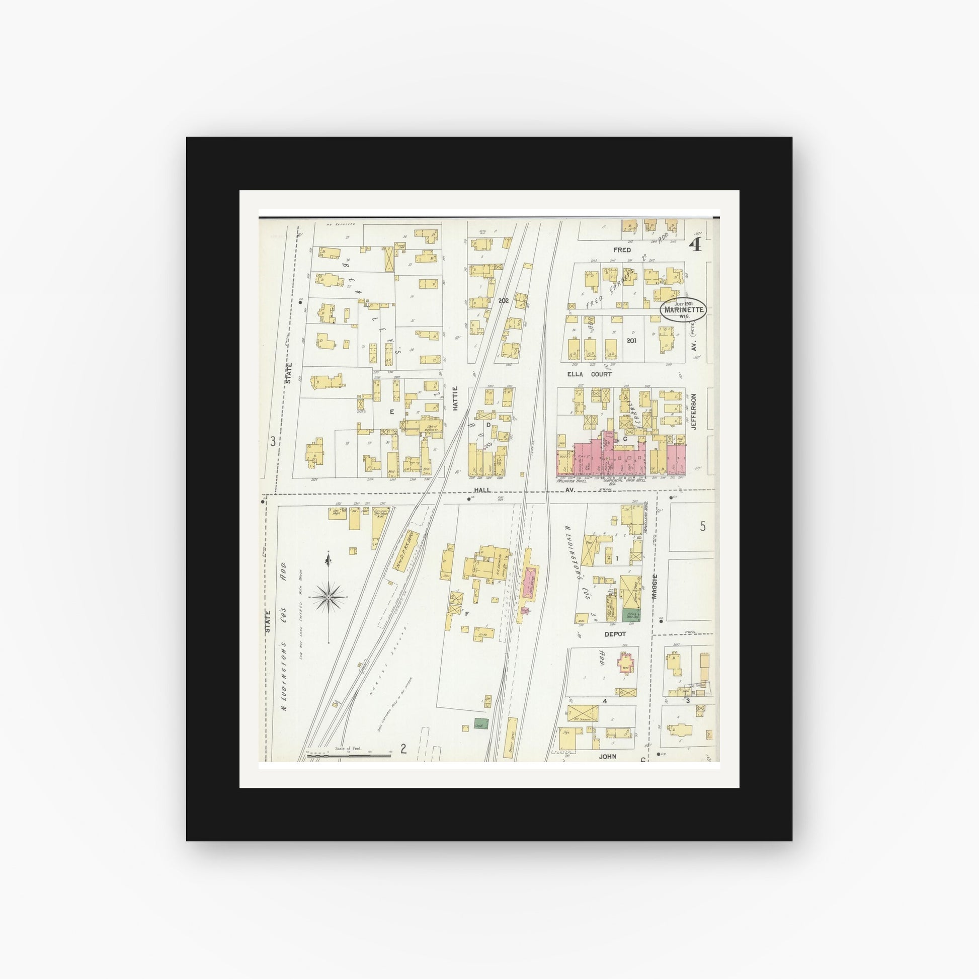 Old map wall art mockup — black gallery frame with white mat — Sanborn Fire Insurance Map from Marinette, Marinette County, Wisconsin (1901), Sheet #0004