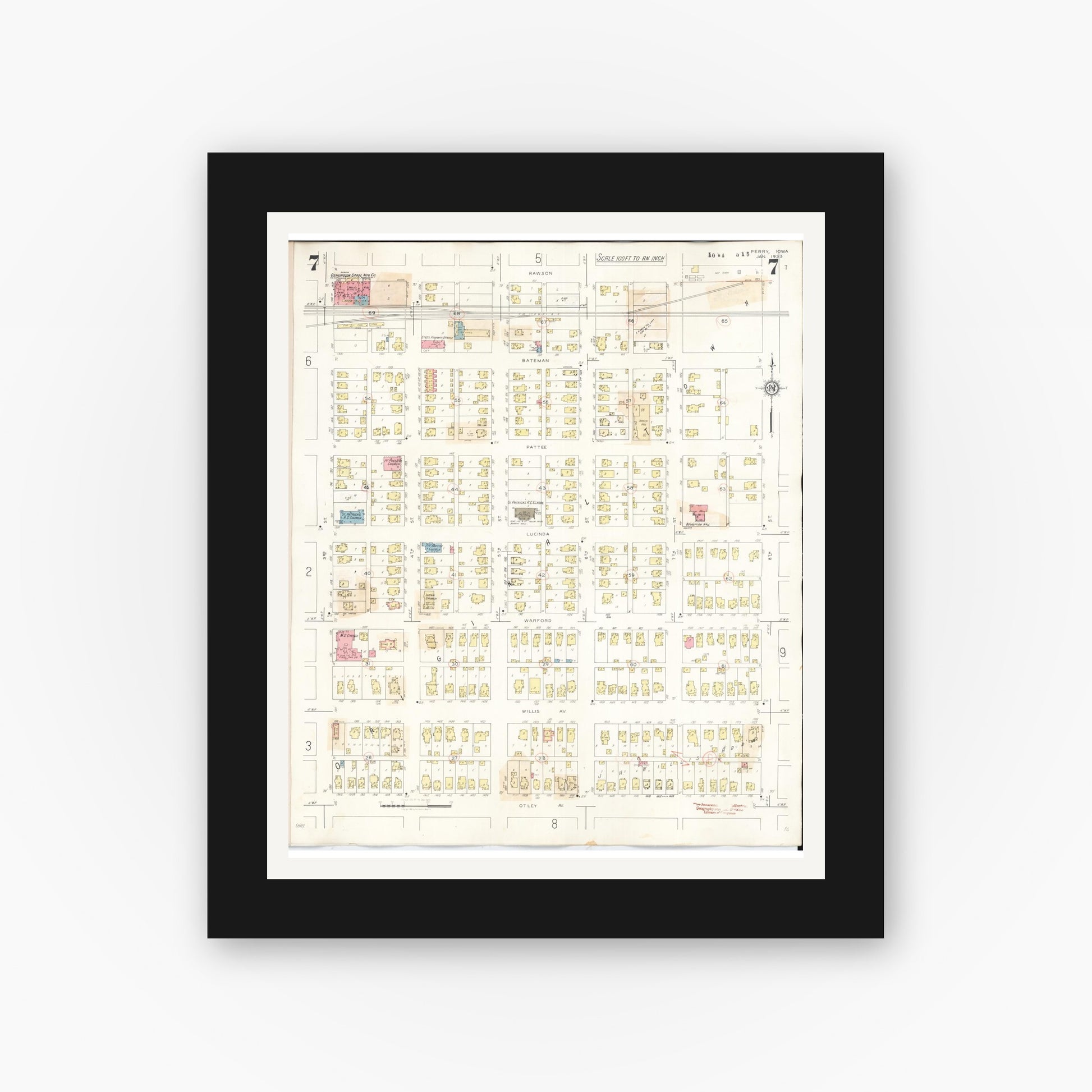 Old map wall art mockup — black gallery frame with white mat — Sanborn Fire Insurance Map from Perry, Dallas County, Iowa (1947), Sheet #0007