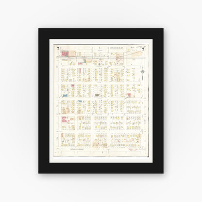 Old map wall art mockup — black gallery frame with white mat — Sanborn Fire Insurance Map from Perry, Dallas County, Iowa (1947), Sheet #0007