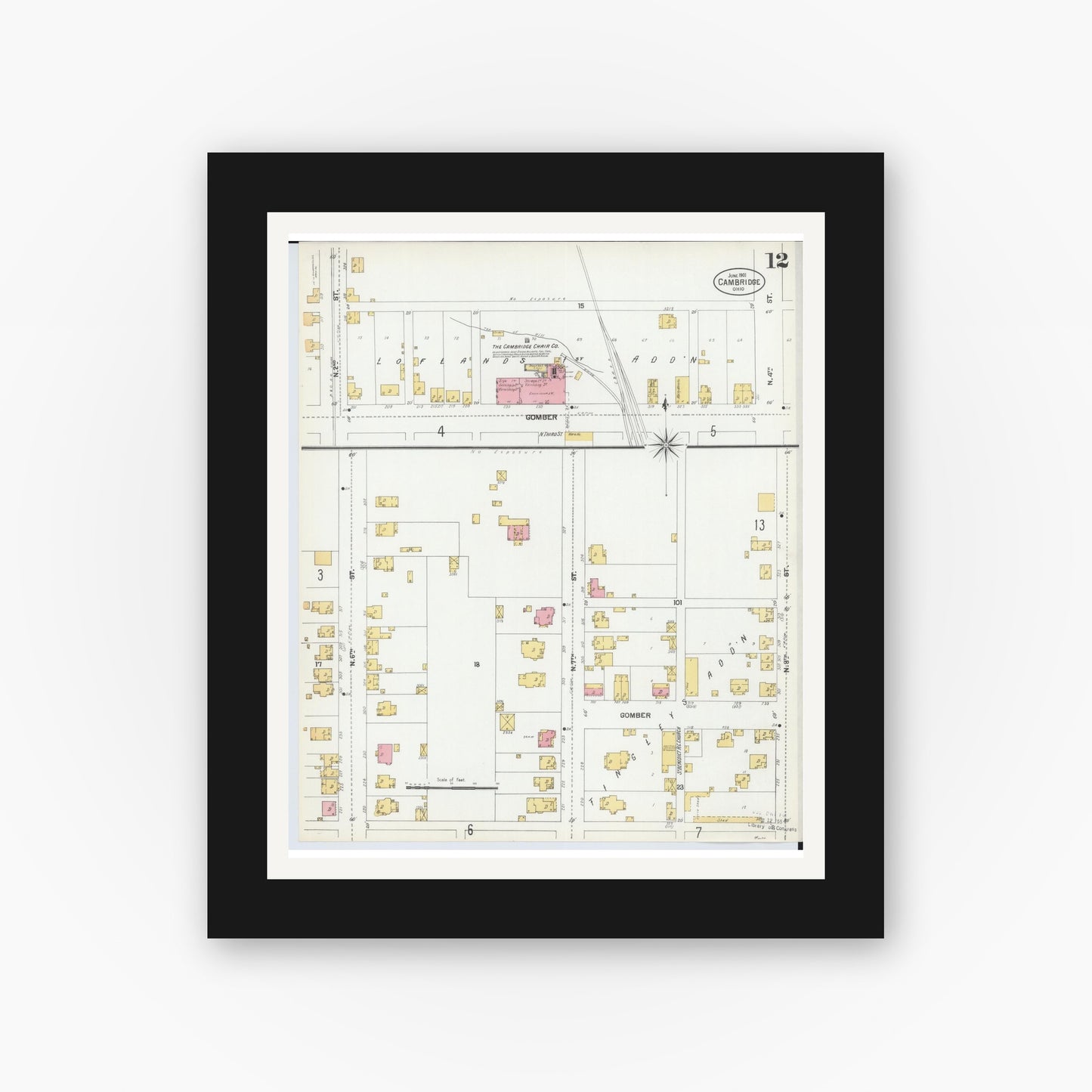 Old map wall art mockup — black gallery frame with white mat — Sanborn Fire Insurance Map from Cambridge, Guernsey County, Ohio (1901), Sheet #0012